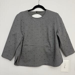 Akris Womens Grey 3/4 Sleeve Blouse Silver Studs Back Cut-Out Sz 16 NWT